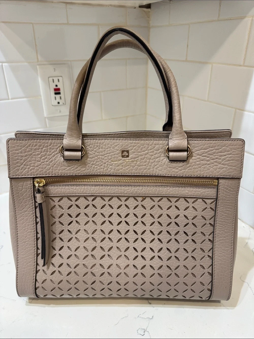 kate spade Taupe Perri Lane Perforated Leather Satchel with Gold Hardware